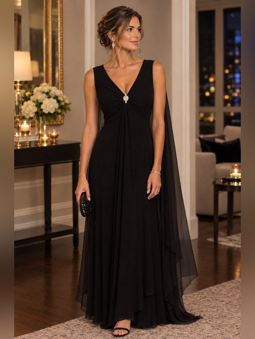 Laura Black Long Sleeveless Maxi Dress with Sheer cape Overlay on back size 10